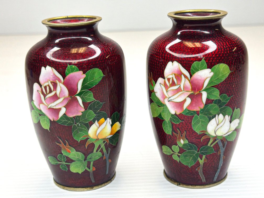 Pair of Japanese ‘Pigeon Blood’ Cloisonné Vases