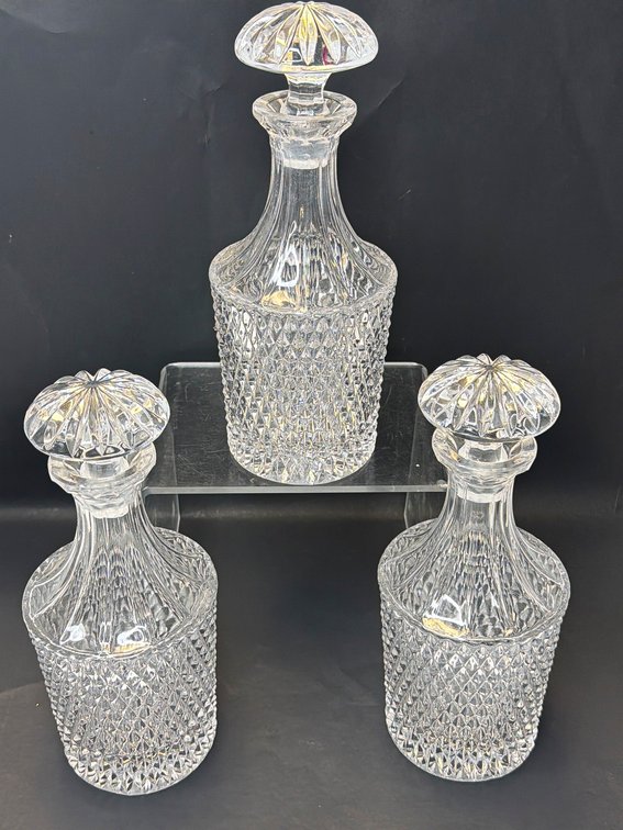 Three Vintage Cut Glass Decanters w/ Matching Stoppers