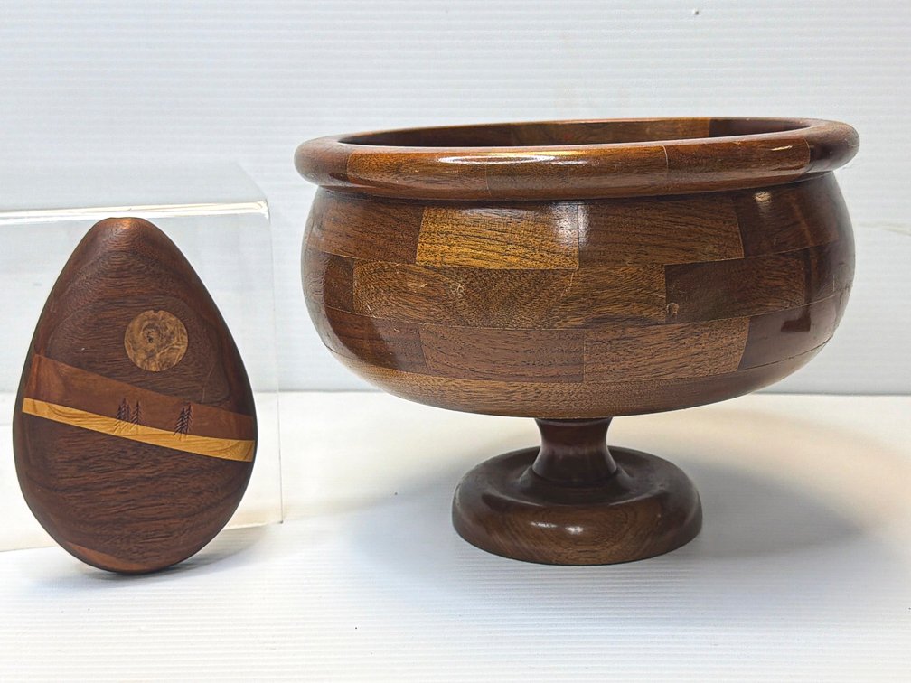 Joe Mole Wooden Pedestal Bowl and Turned Wood Wall Pocket