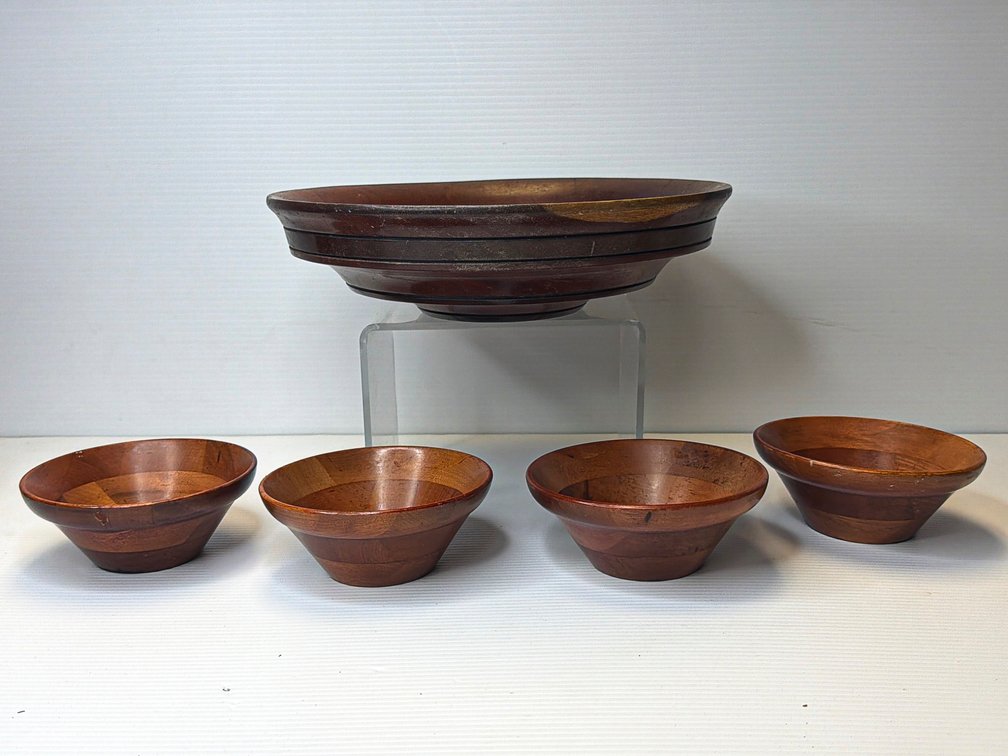 Mid-Century Teak Bowl Set with Large Serving Bowl and Four Small Bowls