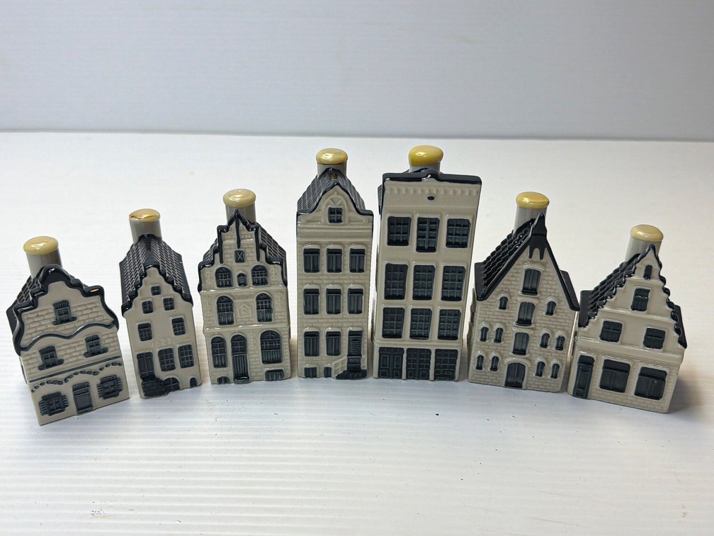 7 Dutch KLM Delft Blue Ceramic Miniature House Bottles by Bols