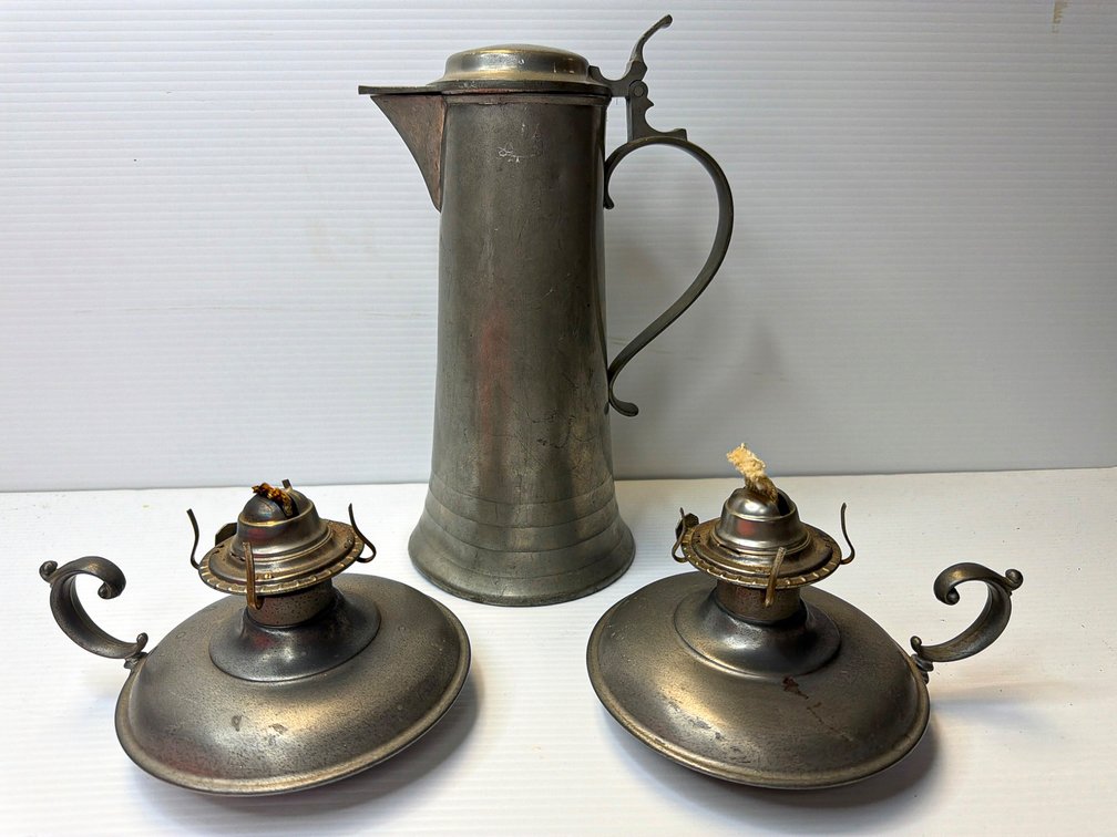 Pewter Lidded Tankard and Pair of Pewter Oil Lamps