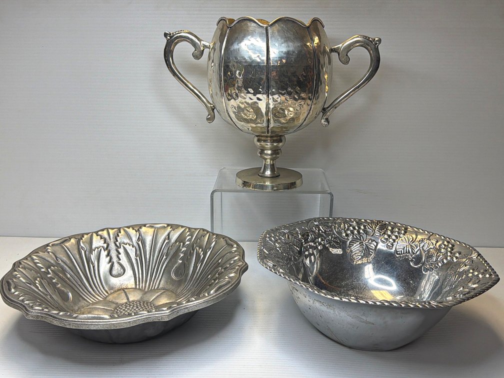 Silverplate Trophy Cup, Wilton Armetale Bowl, and Lenox Bowl