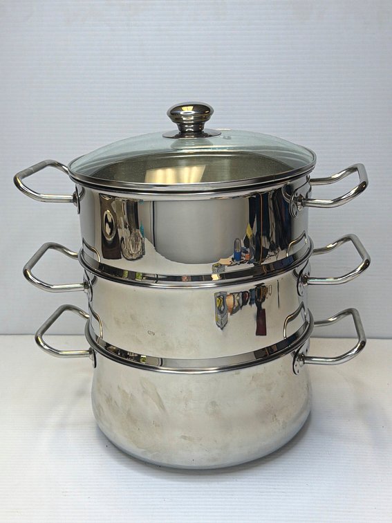 Three-Tier Stainless Steel Steamer with Glass Lid