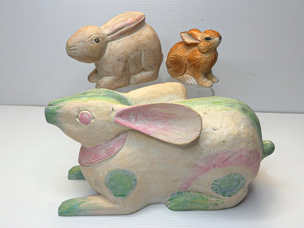 Trio of Carved Wood Bunnies, Hand-Painted