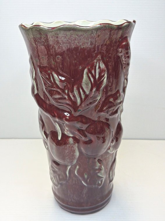 Glossy Maroon Embossed Ceramic Vase with Scalloped Rim, 14.25″h