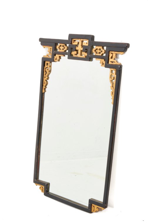 Chinoiserie Black and Gold Framed Wall Mirror