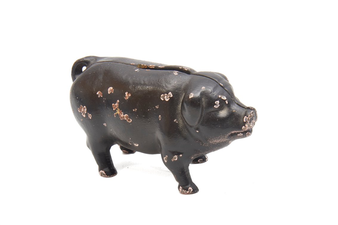 Vintage Cast Iron Pig Still Coin Bank