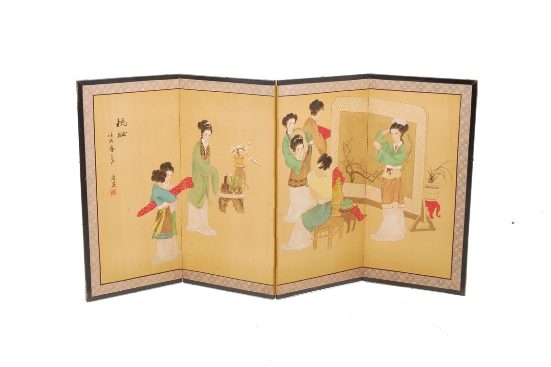 Japanese Four-Panel Painted Folding Screen