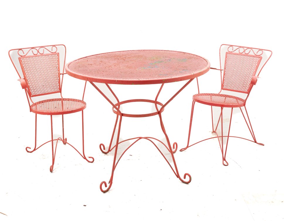 Vtg Three Pc Pink Wrought Iron Patio Set