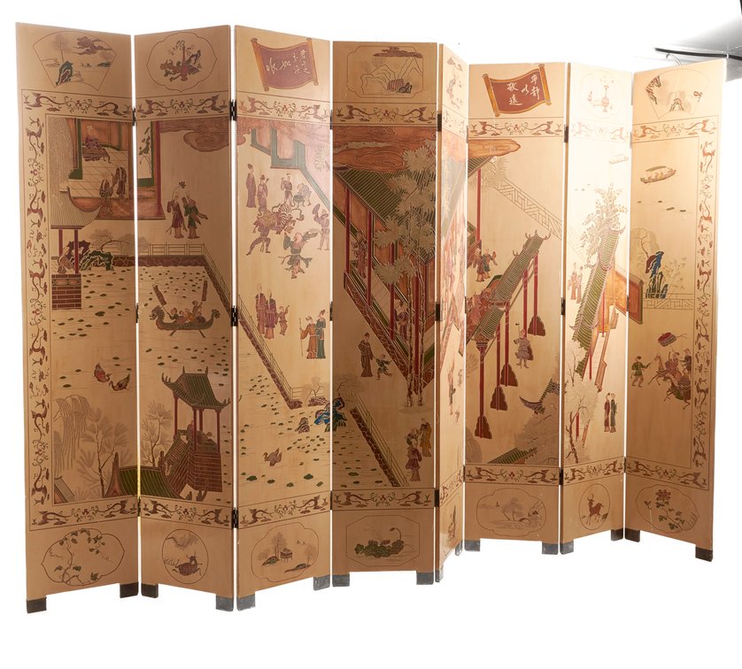 Chinese Eight-Panel Hand-Painted Folding Screen