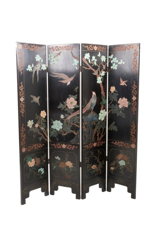 Asian Four-Panel Black Lacquer Room Divider