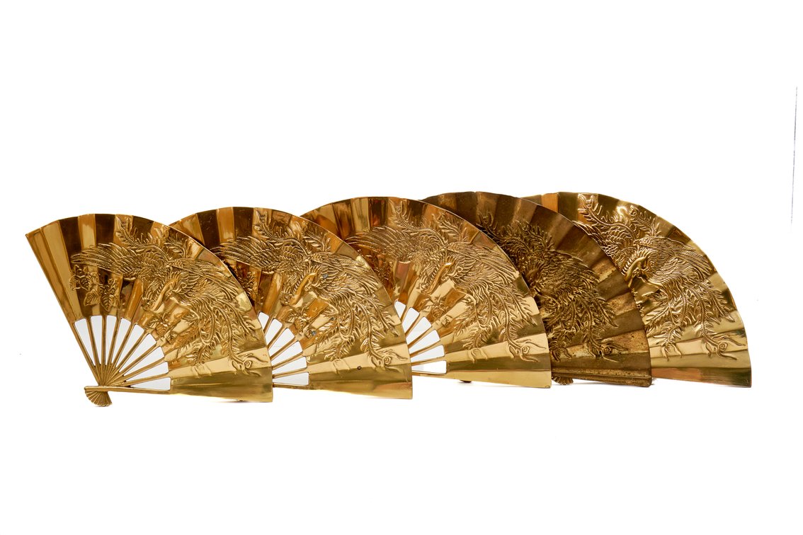 Five Brass Wall-Mounted Fans w/Embossed Phoenix