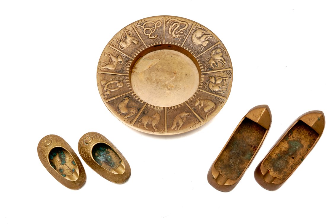 Five Brass Ashtrays w/East Asian & Zodiac Themes