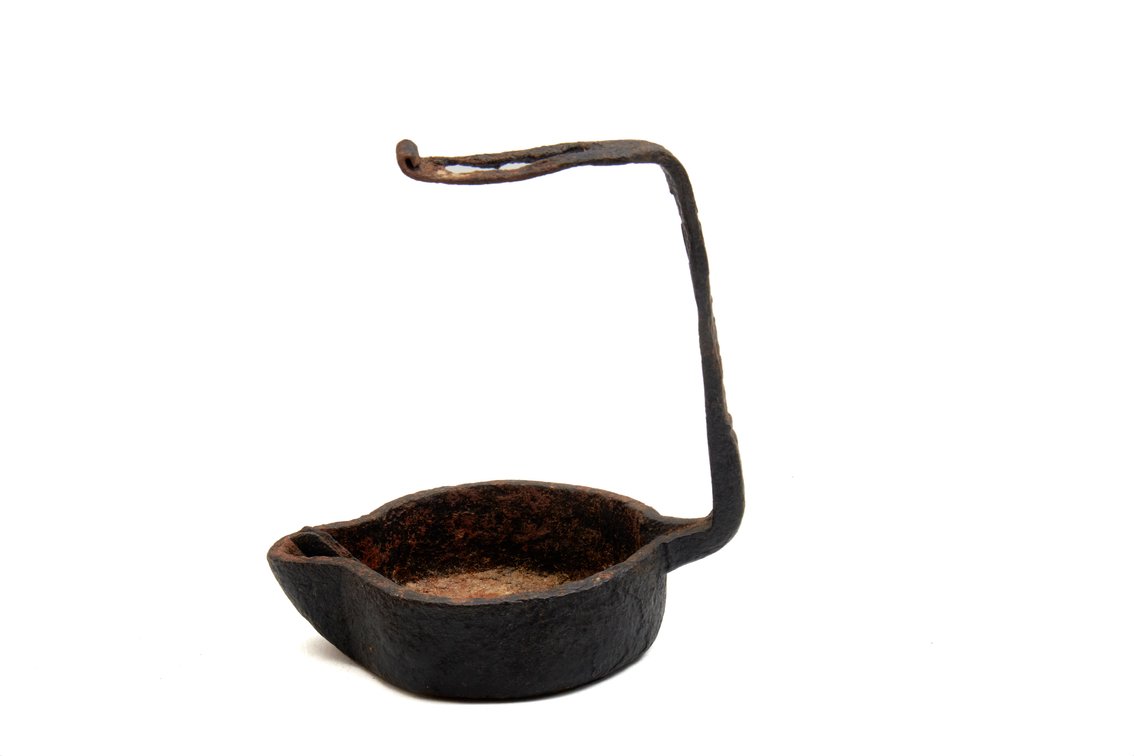 Antique Cast Iron Grease Lamp w/Hand-Forged Handle