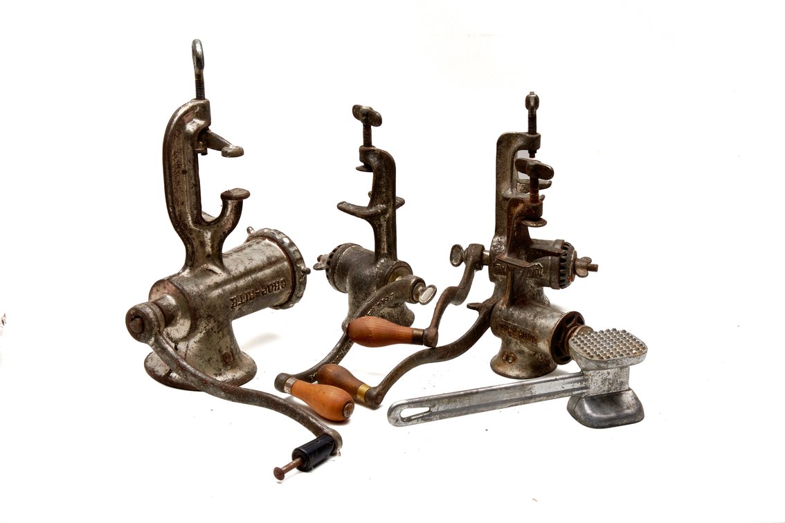 Four Vintage Meat Grinders & Meat mallet
