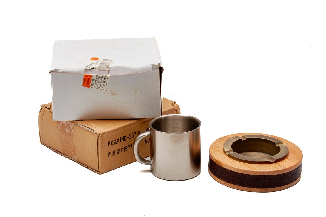 Two Table Ashtrays & Four Steel Coffee Mugs- IOB