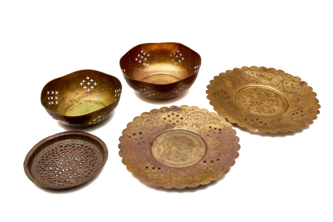 2 Etched Brass Bowls w/Under Plates & Copper Plate