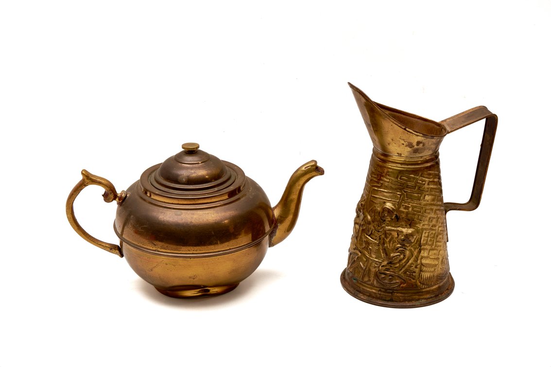 Brass Teapot With Lid and Embossed Brass Pitcher