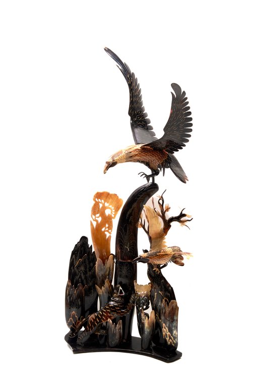 Carved Horn Sculpture with Two Eagles & Tiger