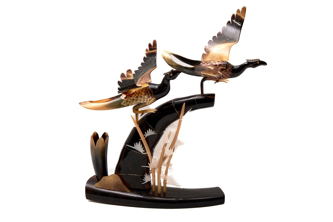 Two Birds of Paradise Horn Sculpture