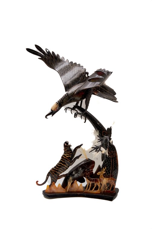 Buffalo Horn Sculpture: Eagle, Tiger, Deer Scene