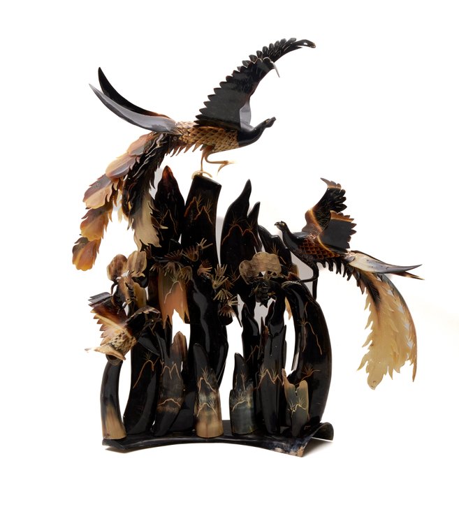 Hand-Carved Horn Birds Sculpture With Mountains