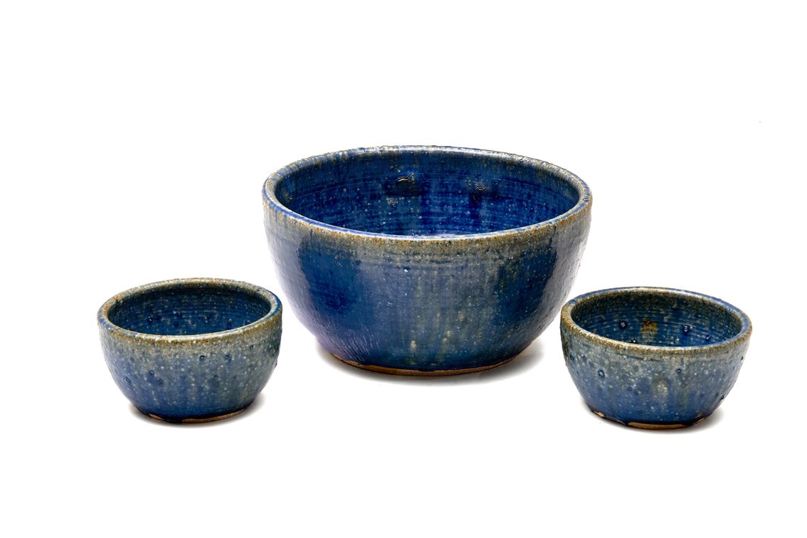 Anita Meaders Blue Glazed Stoneware Bowl Set (3)