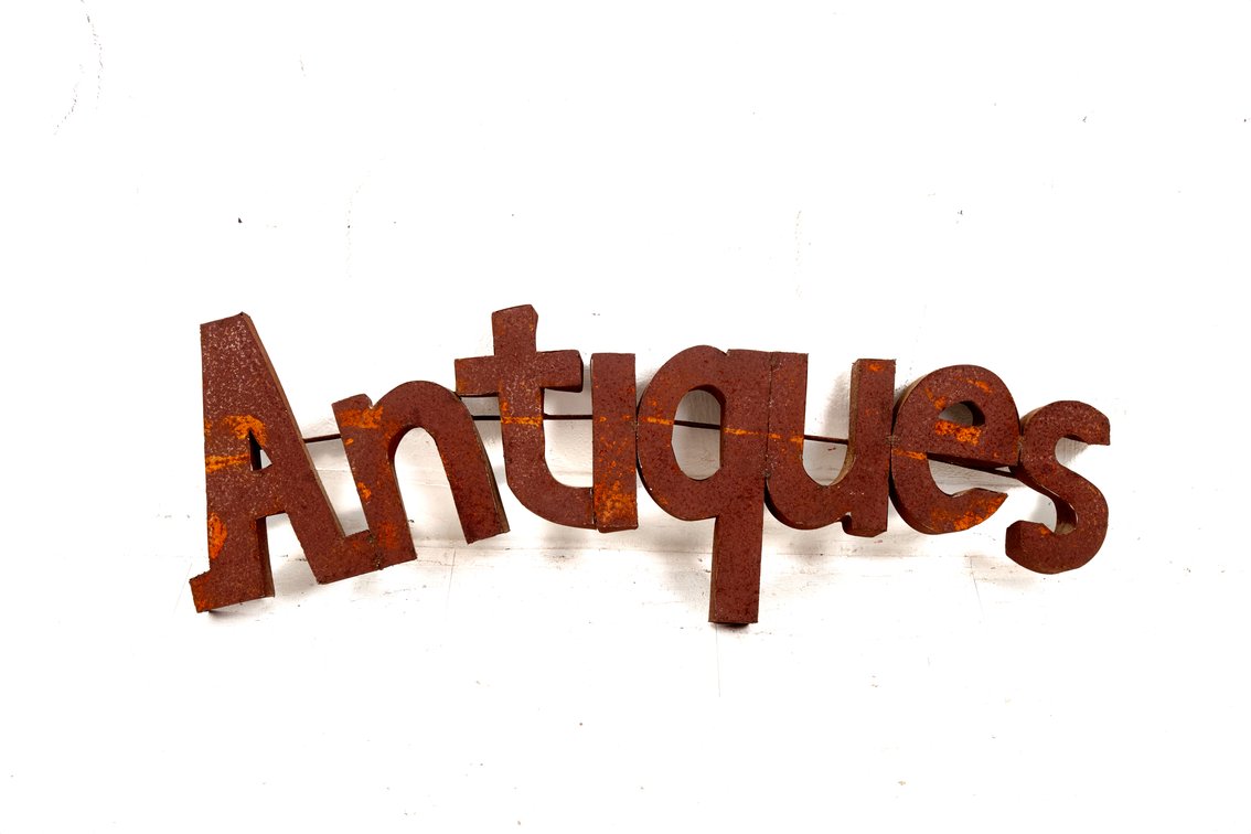 Large Rusted Metal Antiques Store Sign Letters 3D