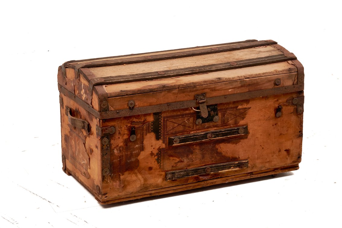 19th Century Domed Wooden Trunk with Iron Straps
