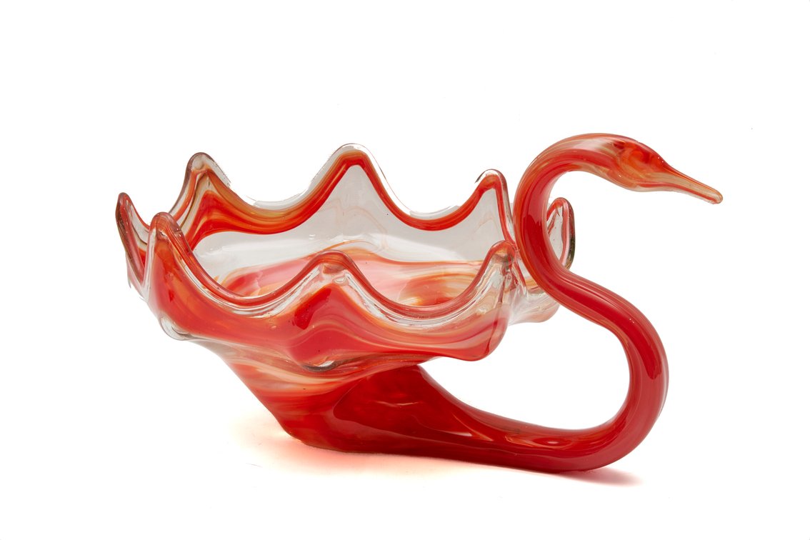 Vtg Sooner Orange Swirl Blown Glass Swan Bowl