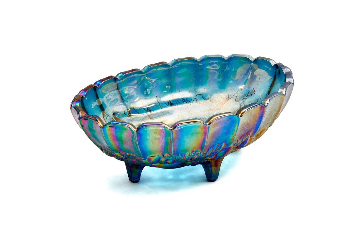 Indiana Glass Blue Harvest Grape Footed Oval Bowl