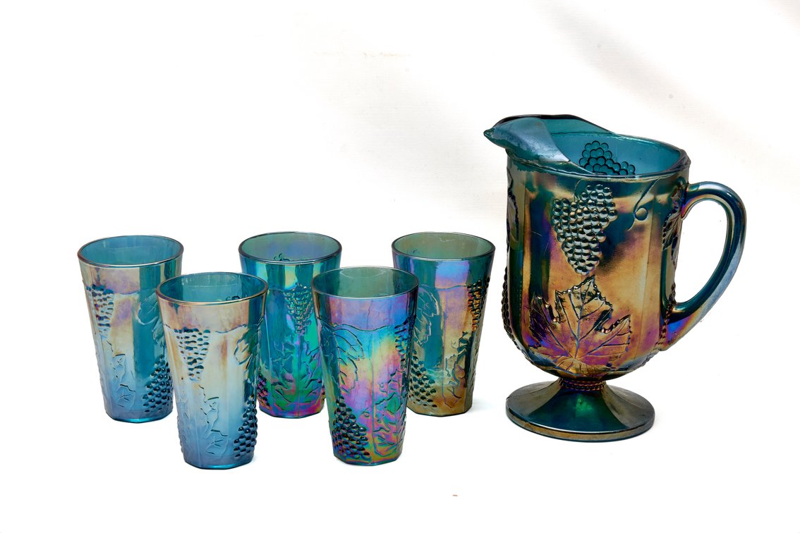 Indiana Glass Blue Harvest Grape Pitcher-Tumblers