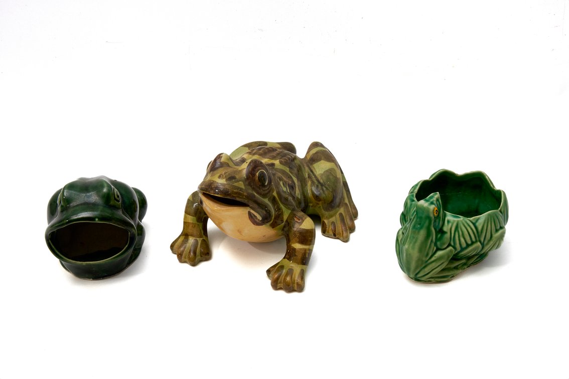 Trio of Glazed Frog Ceramics, Planter and Bowl