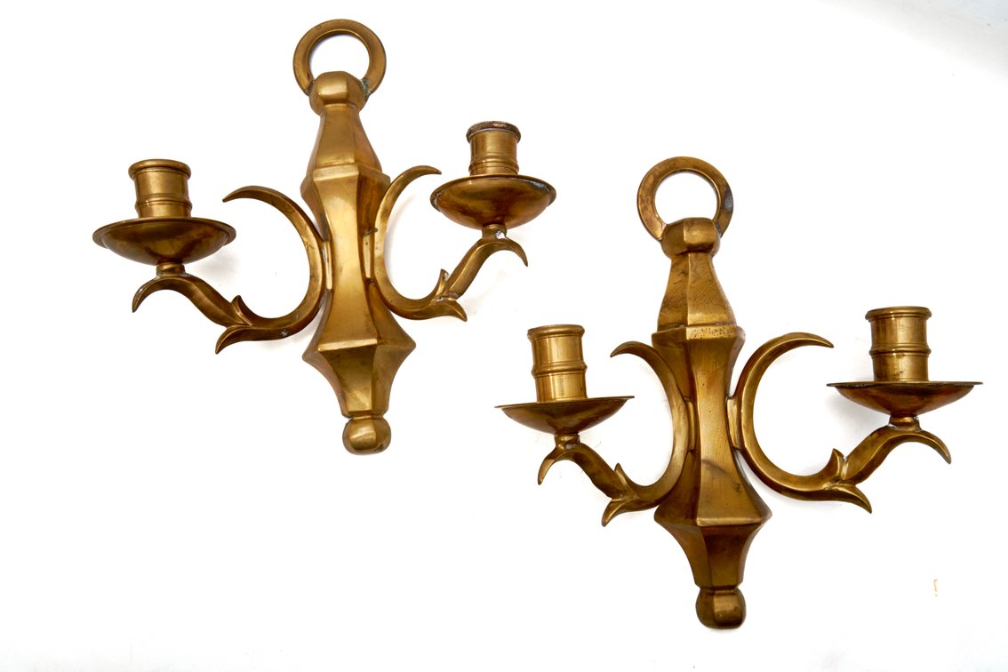 Vtg Two (2) Brass Wall-Mounted Candle Sconces