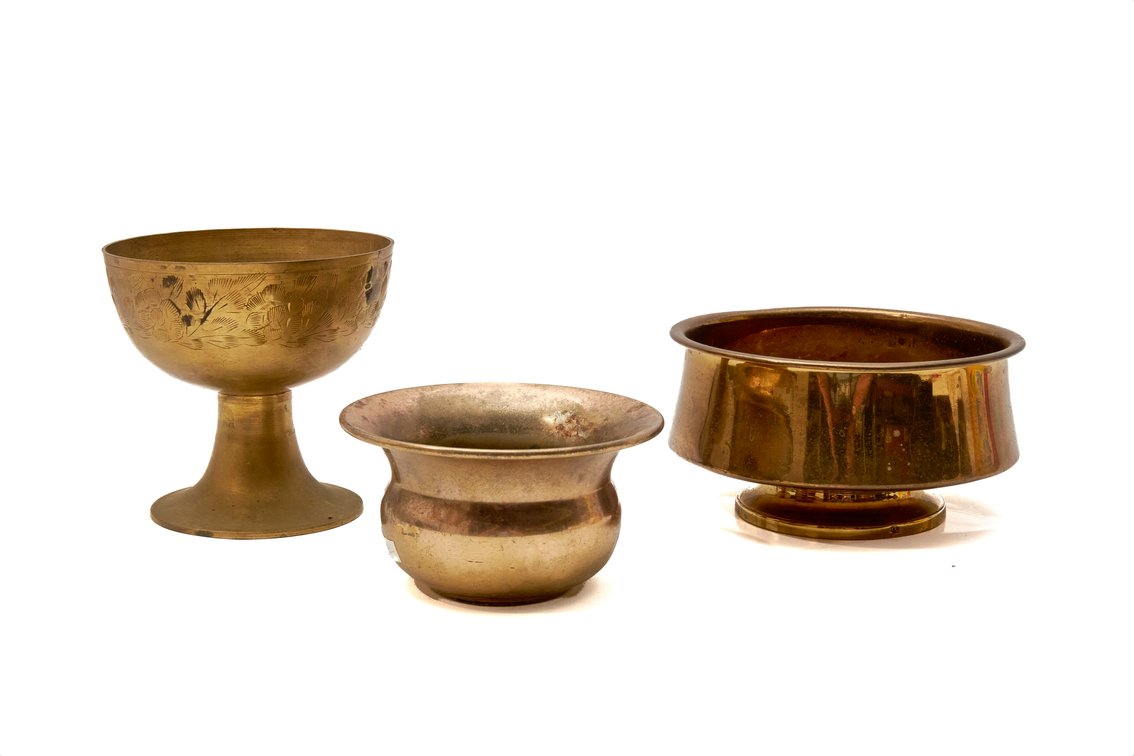 Three Brass Bowls & Goblet With Engraved Details