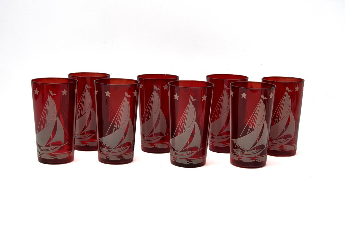 8- Ruby Glass Sailboat Tumblers- Hazel Atlas
