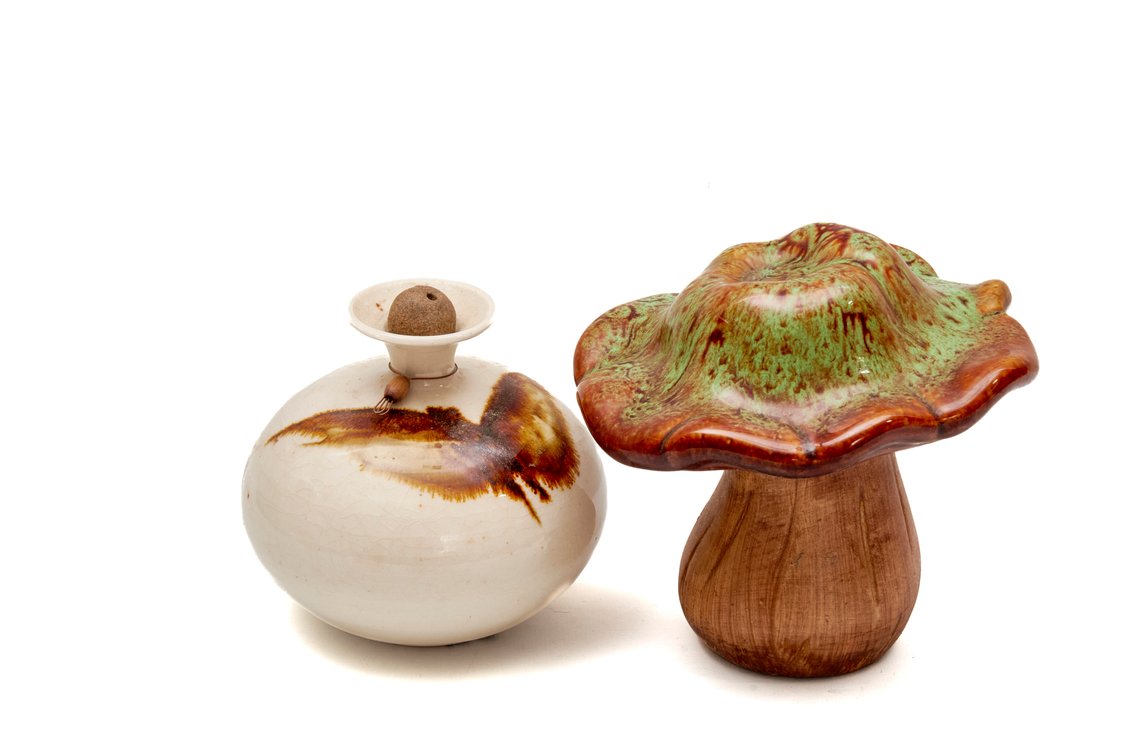 Ceramic Decorative Oil Lamp & Mushroom Figurine
