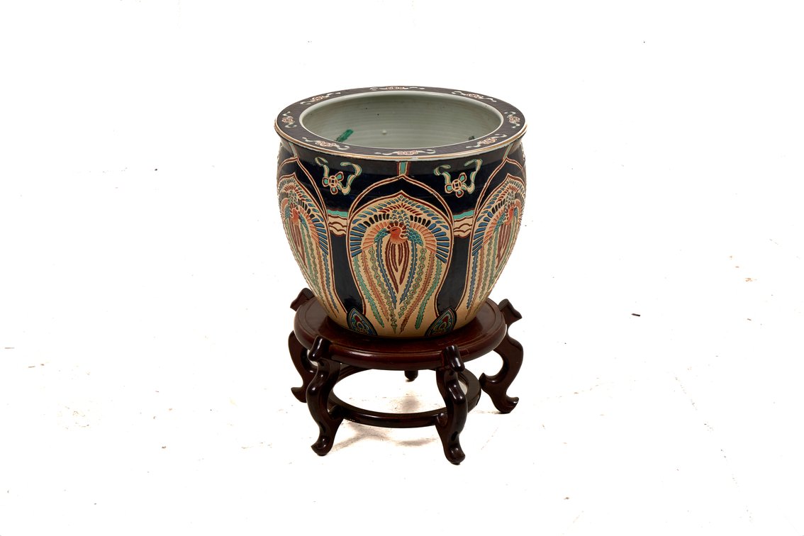 Large Asian Fish Bowl Planter with Stand