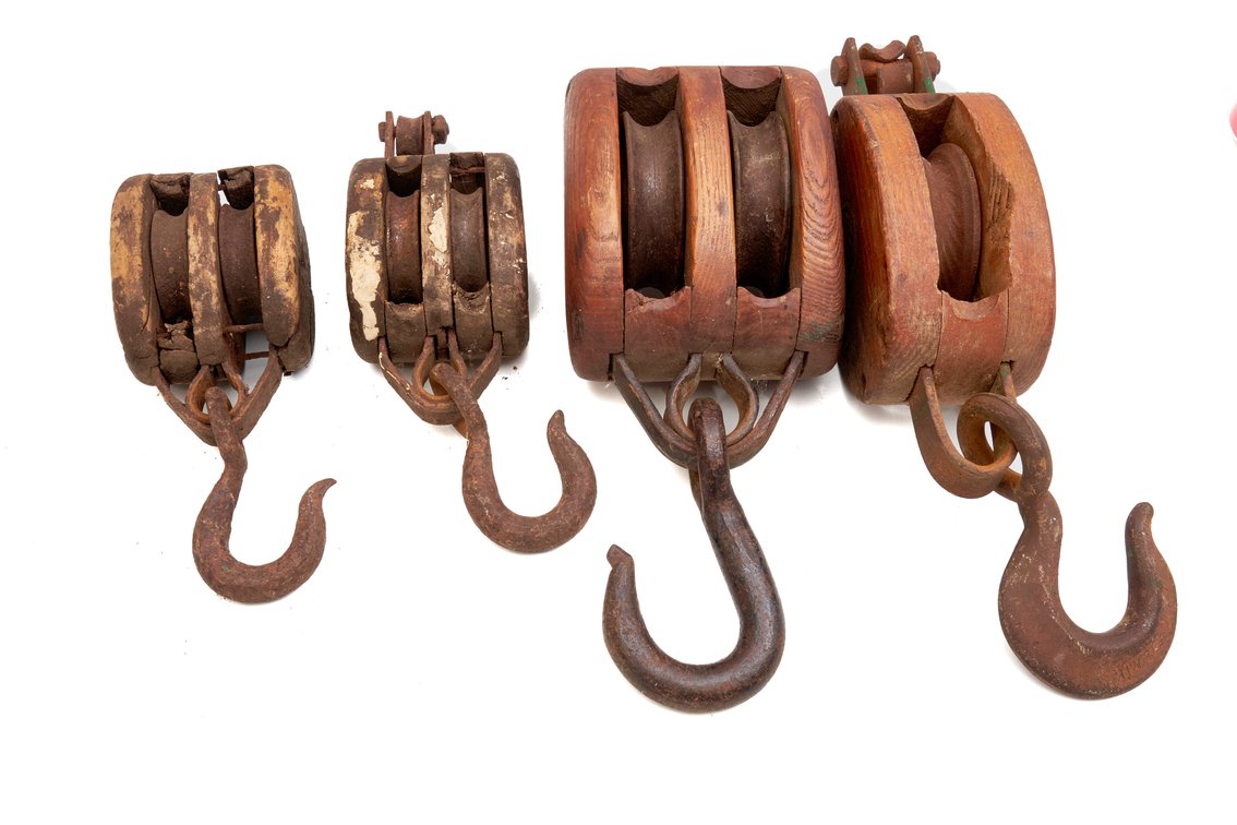 4 Antique Wooden Double Pulley Block & Tackle Lot