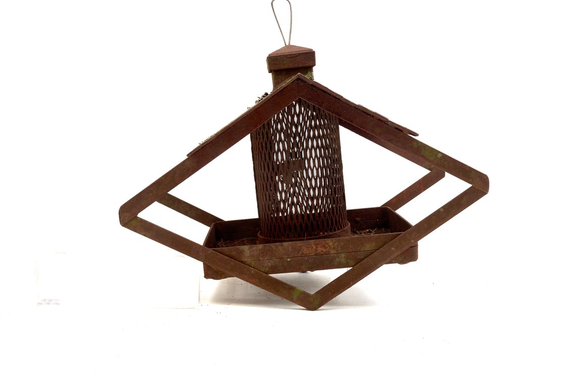 Rustic Metal Hanging Bird Feeder with Patina