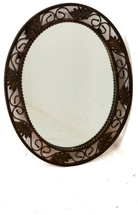 Round Wall Mirror With Wrought Iron Leaf Frame