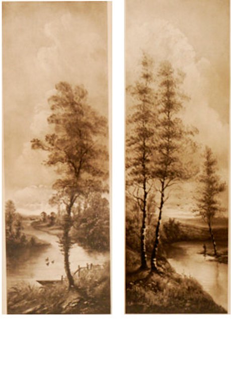 2 Gilt-Framed Landscape Prints w/Decorative Border