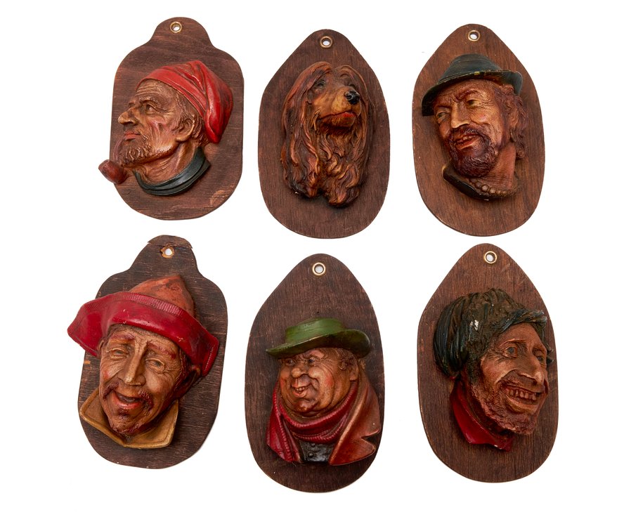 6 Mexican Plaster Wall Plaques, Faces & Dog