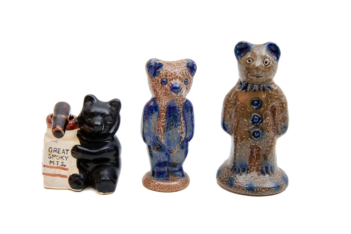 3 Bear-Shaped Pottery Figurines, BBP & Smoky Mtn
