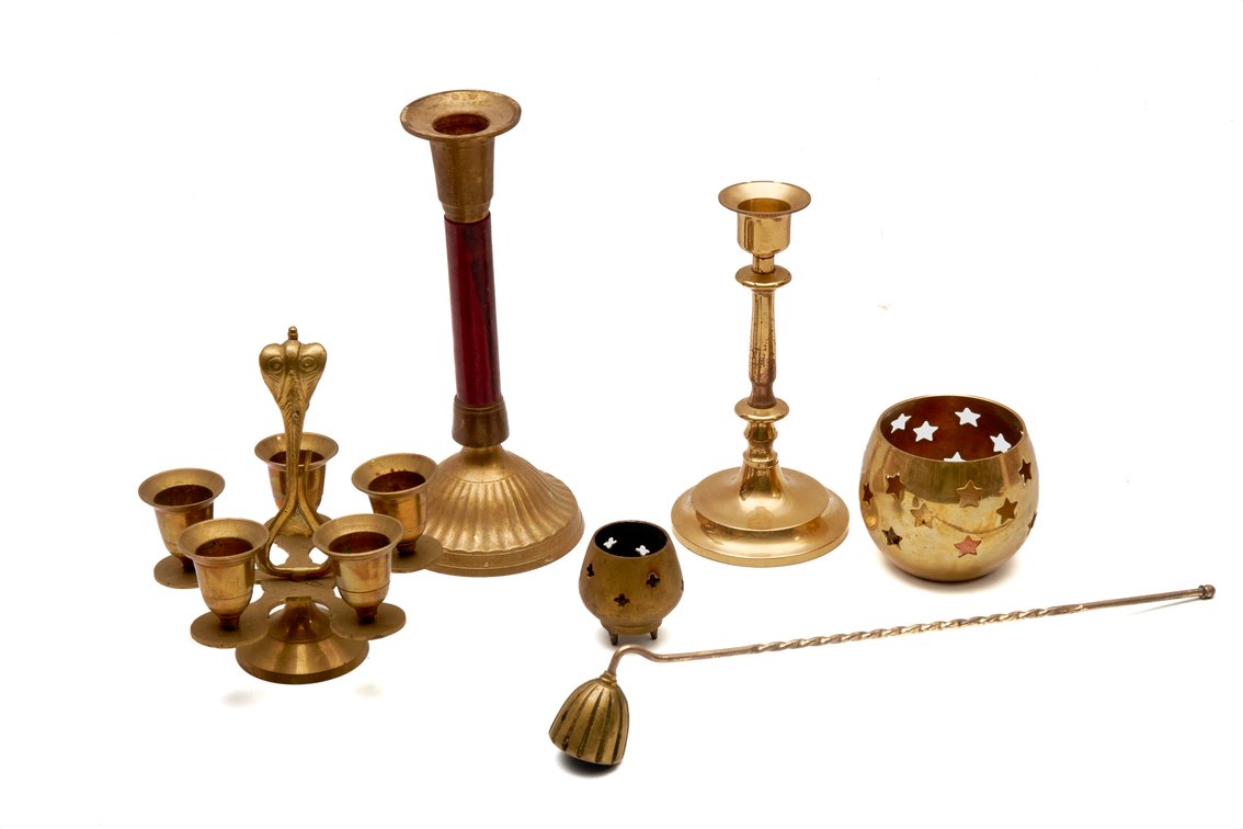 Five Brass Candlesticks Including Panchmukhi Lamp