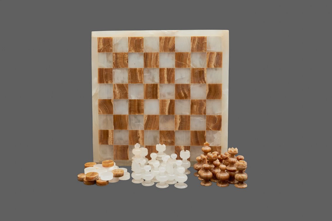 Banded & Clear Calcite Stone Chess Set w/Checkers