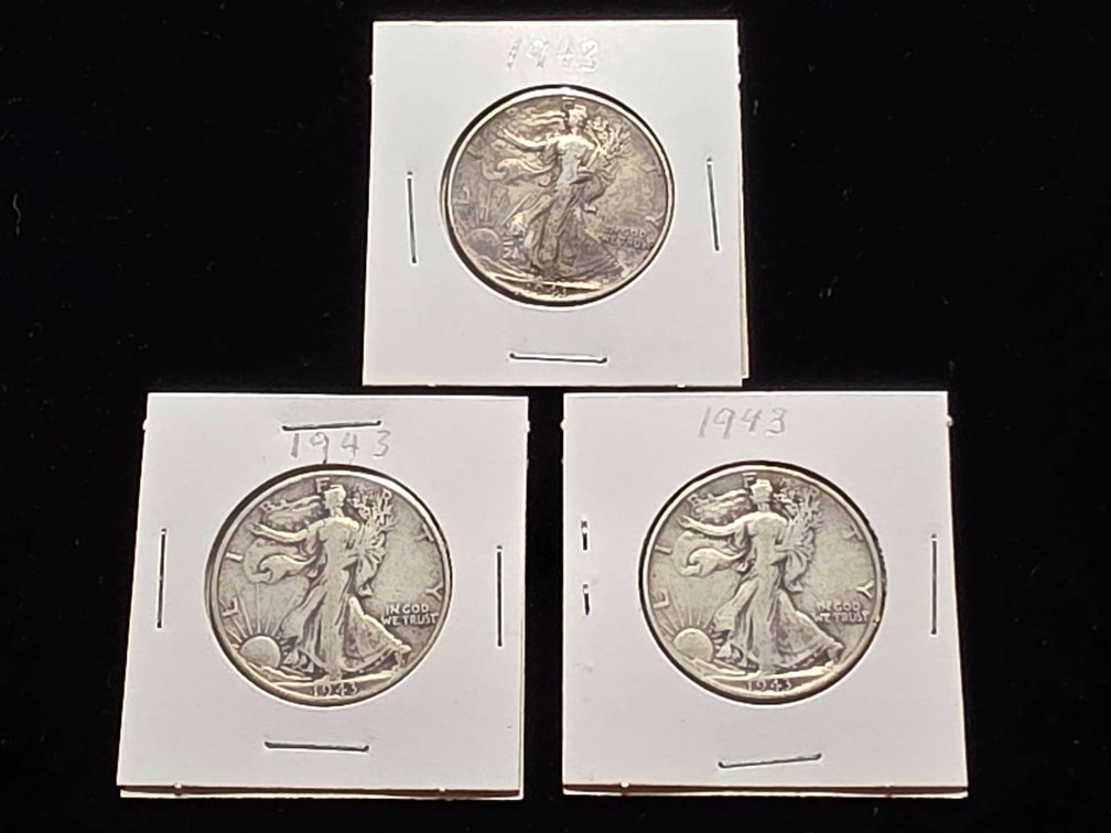 1943 Walking Liberty Silver Half Dollars, 3 Coins