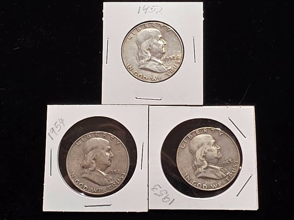 1952, 1953, 1954 Franklin Half Dollars (3 Coins)