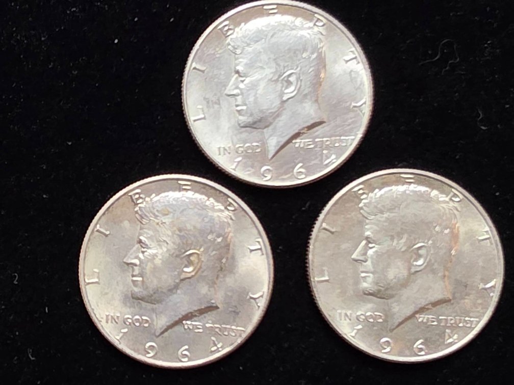 Three 1964 Kennedy Half Dollar Silver Coins